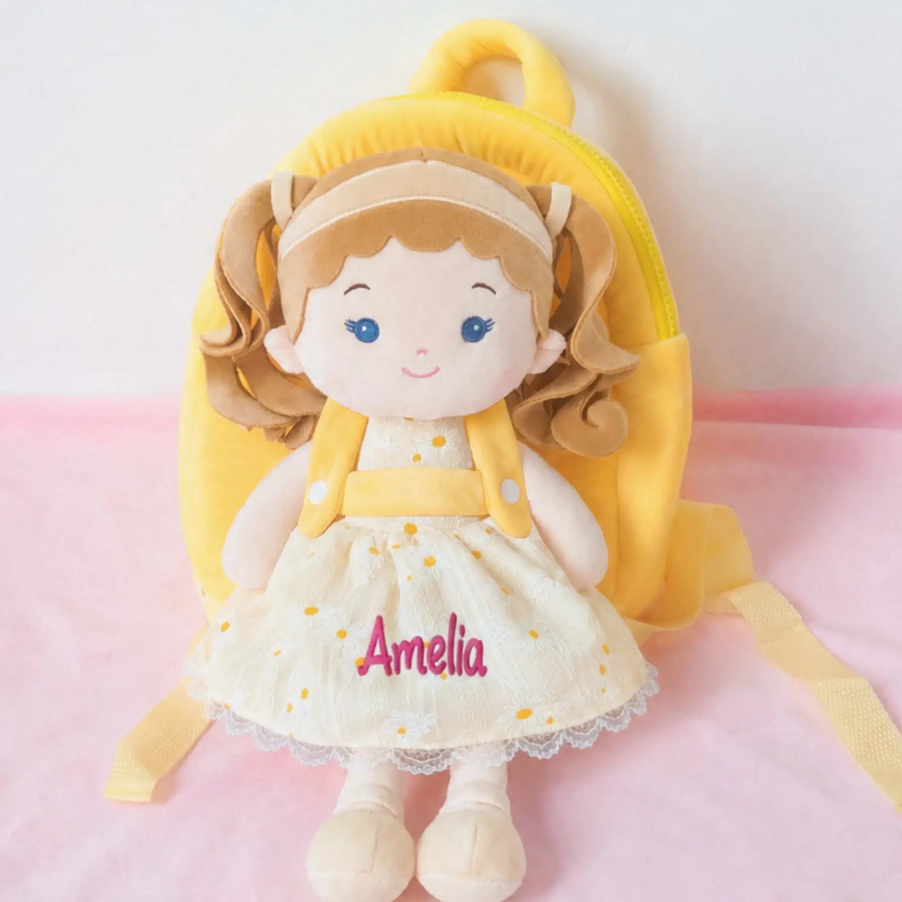 Personalized Daisy Girl Doll Backpack - Yellow - Cozy Doll Starter Set