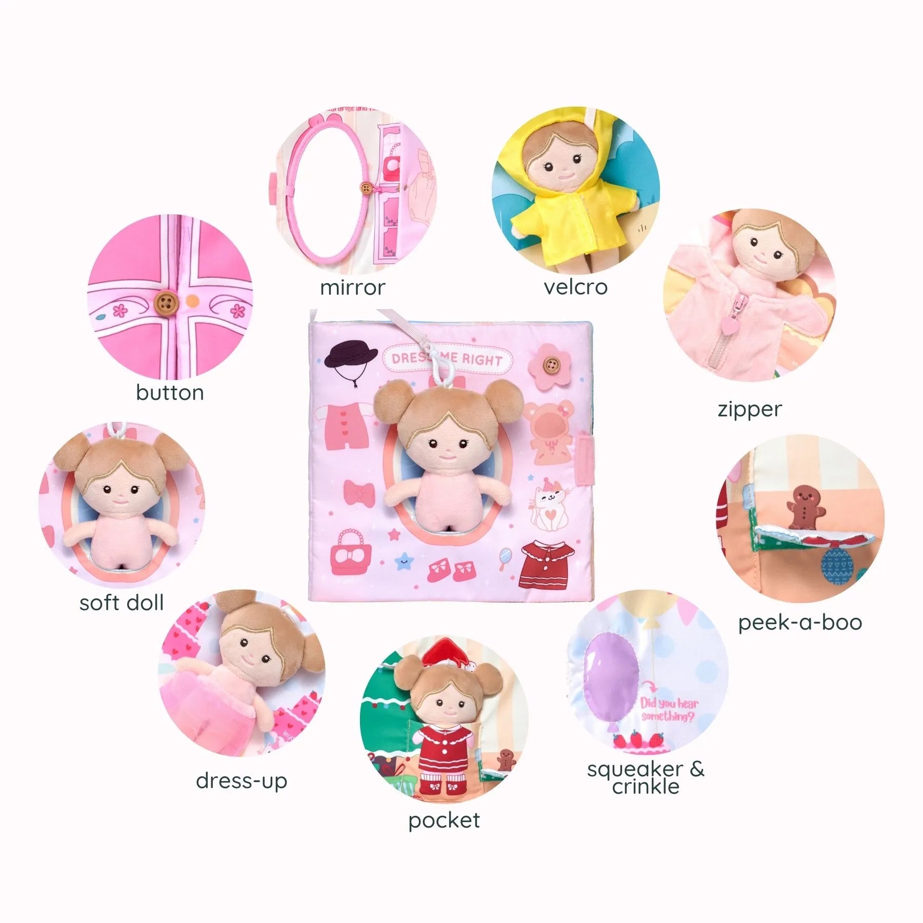 Dress Me Right - Personalized Montessori Soft Book - Cute Doll Accessory Set