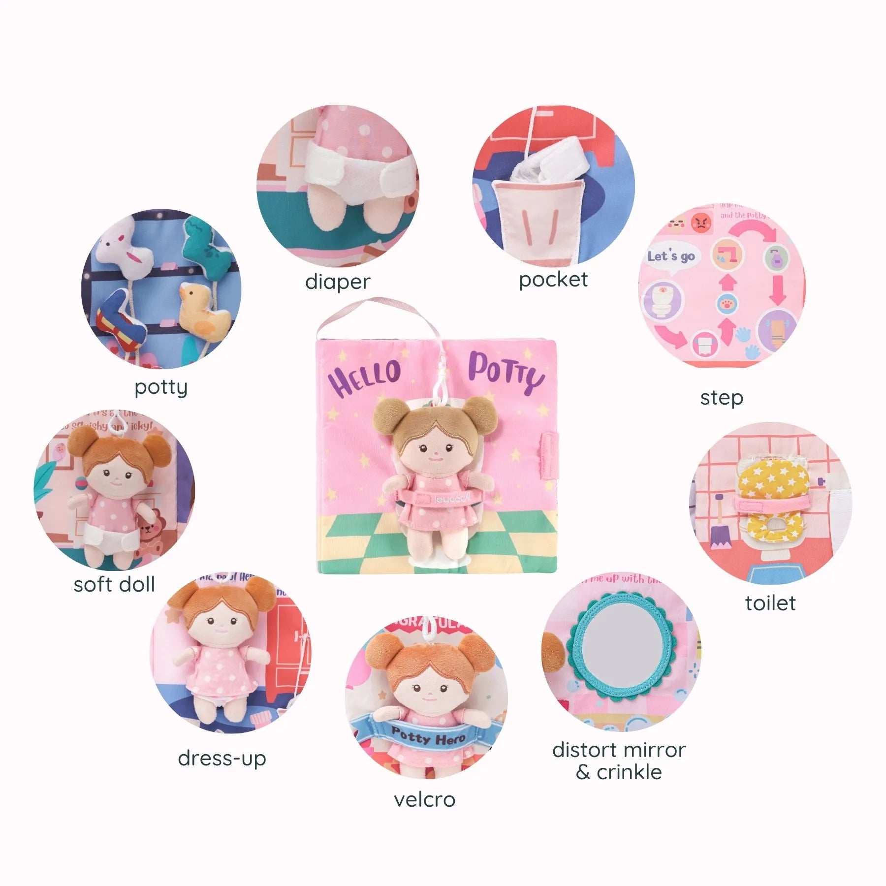 Hello Potty for Girls - Personalized Montessori Soft Book - Modern Doll Gift Set