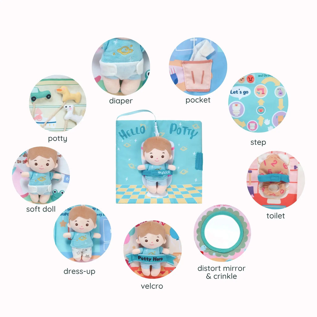 Hello Potty for Boys - Personalized Montessori Soft Book - Adorable Doll Accessory Set