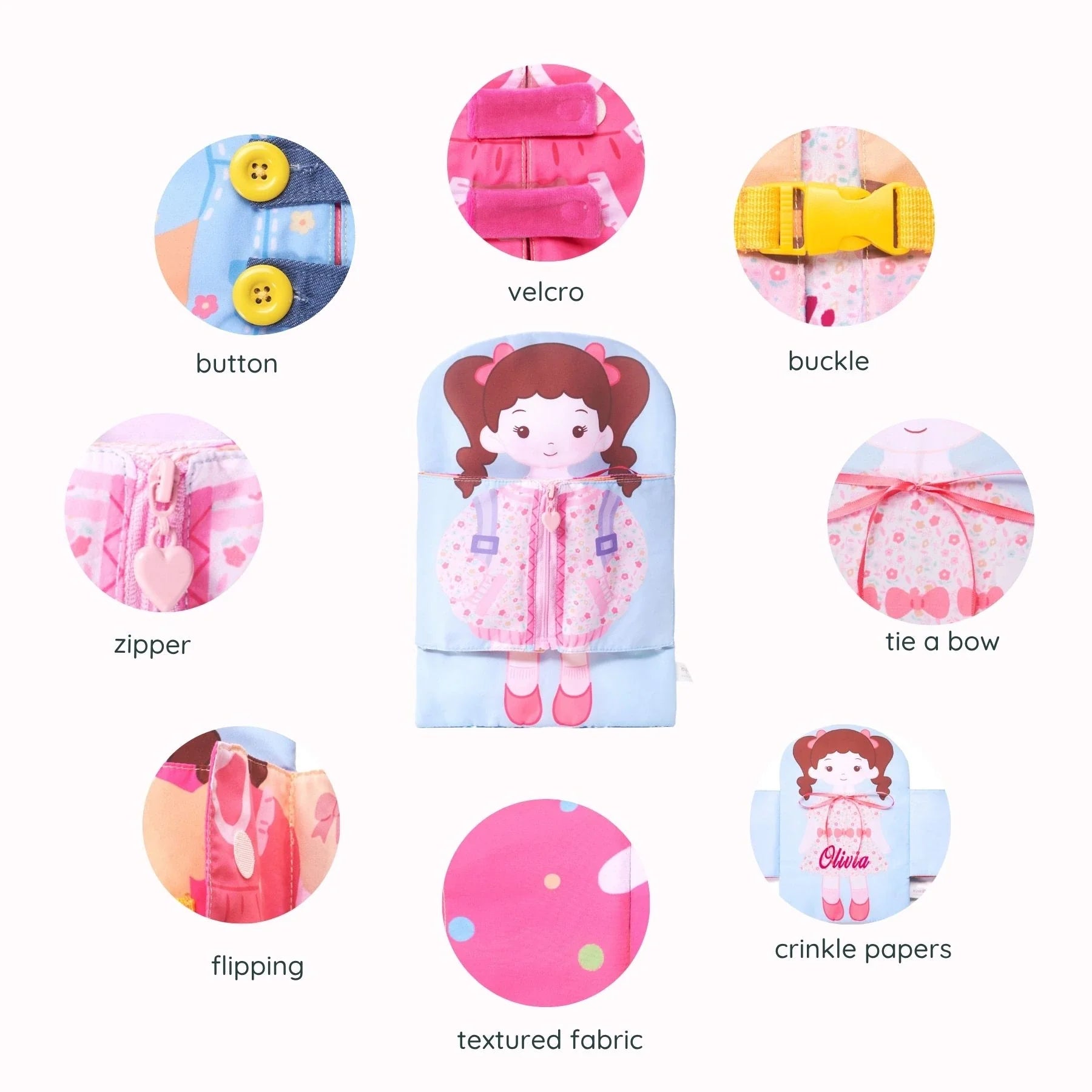 Molly Knows How To Wear - Personalized Montessori Soft Book - Large Size Doll Outfit Set